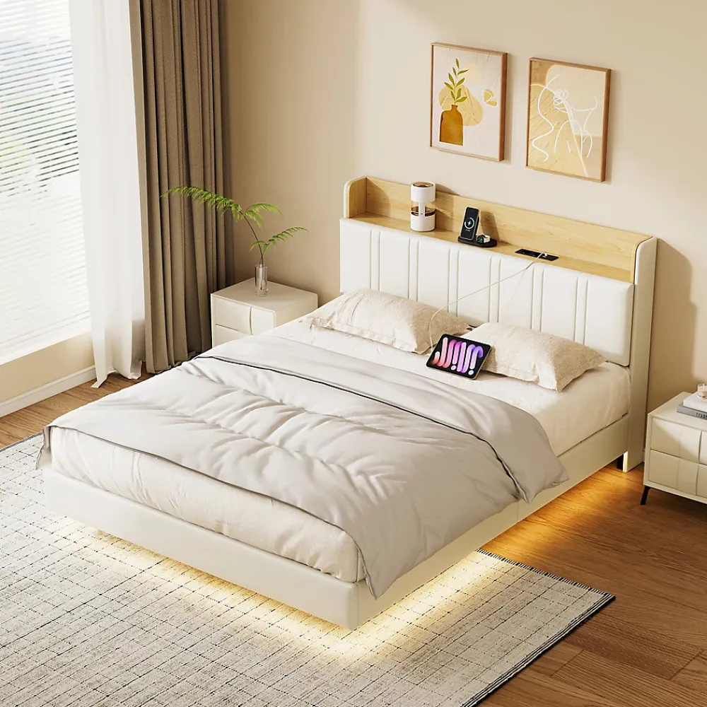 Simple Life Lit flottant 140x190 cm, rembourré, LED, USB, PU, Blanc* Lit Coffre