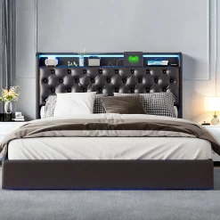Lit flottant 160x200cm en PU avec LED tête & corps, rangement tête de lit rembourrée & prise EU, Design moderne et pratique>ProximaX Clearance