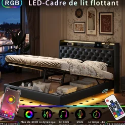 Lit flottant 160x200cm en PU avec LED tête & corps, rangement tête de lit rembourrée & prise EU, Design moderne et pratique><noscript><img width=