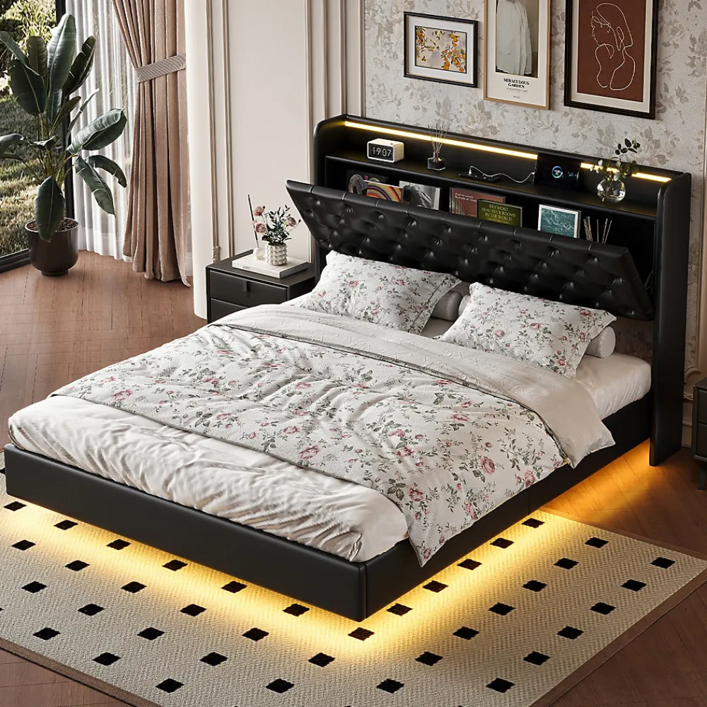Lit flottant 160x200cm en PU avec LED tête & corps, rangement tête de lit rembourrée & prise EU, Design moderne et pratique>ProximaX Clearance