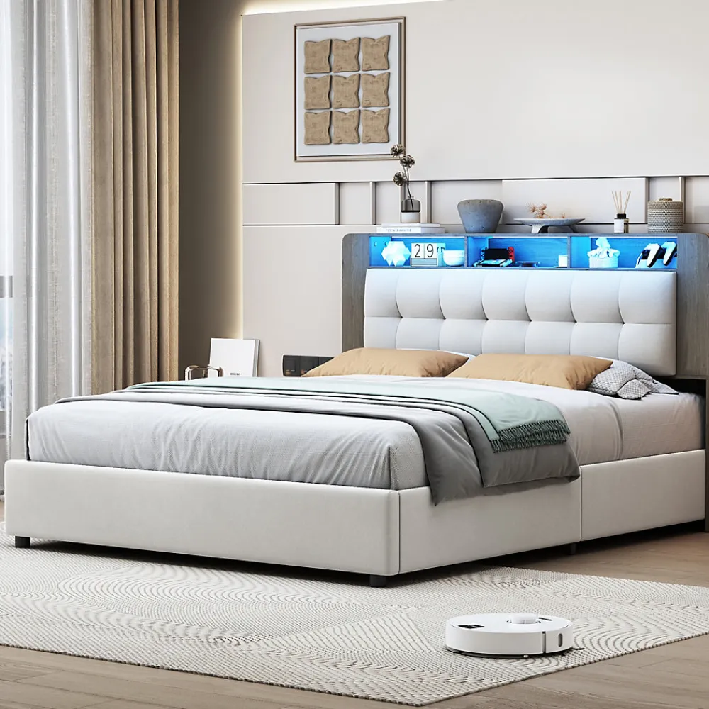 Lit Flottant,160x200 CM, Cadre de Lit avec Éclairage LED, Multiprise, Tête de lit avec Rangement, velours,Blanc>Fortuna lai Best