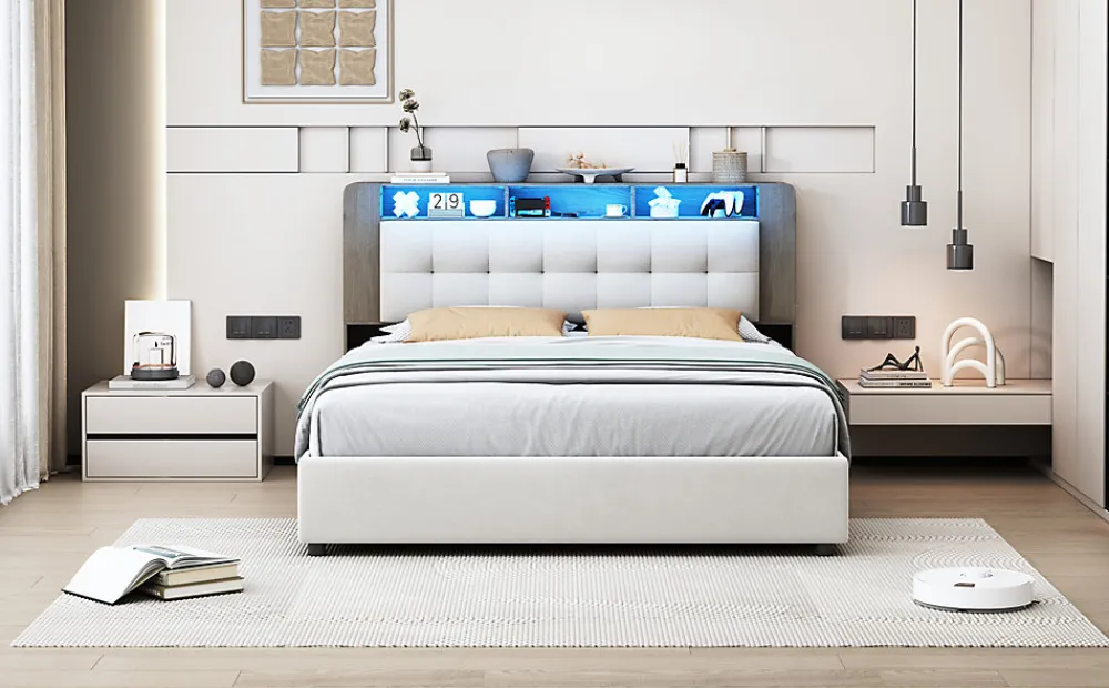 Lit Flottant,160x200 CM, Cadre de Lit avec Éclairage LED, Multiprise, Tête de lit avec Rangement, velours,Blanc>Fortuna lai Best
