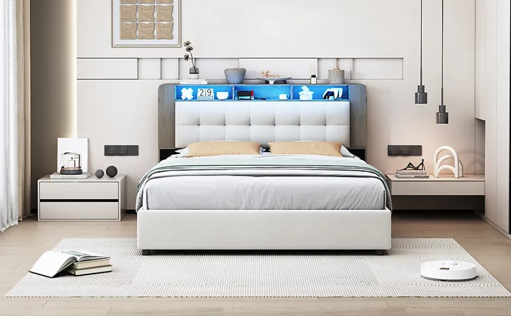Fortuna lai Lit Flottant,140x200 CM, Cadre de Lit avec Éclairage LED, Multiprise, Tête de lit avec Rangement, velours,Blanc* Lit Coffre