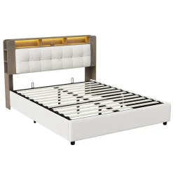 Fortuna lai Lit Flottant,140x200 CM, Cadre de Lit avec Éclairage LED, Multiprise, Tête de lit avec Rangement, velours,Blanc* Lit Coffre