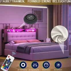 Fortuna lai Lit Flottant,140x200 CM, Cadre de Lit avec Éclairage LED, Multiprise, Tête de lit avec Rangement, velours,Blanc* Lit Coffre