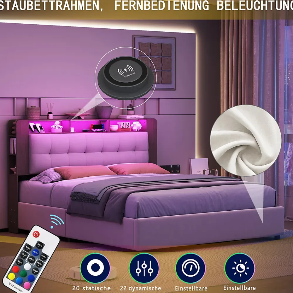 Fortuna lai Lit Flottant,140x200 CM, Cadre de Lit avec Éclairage LED, Multiprise, Tête de lit avec Rangement, velours,Blanc* Lit Coffre