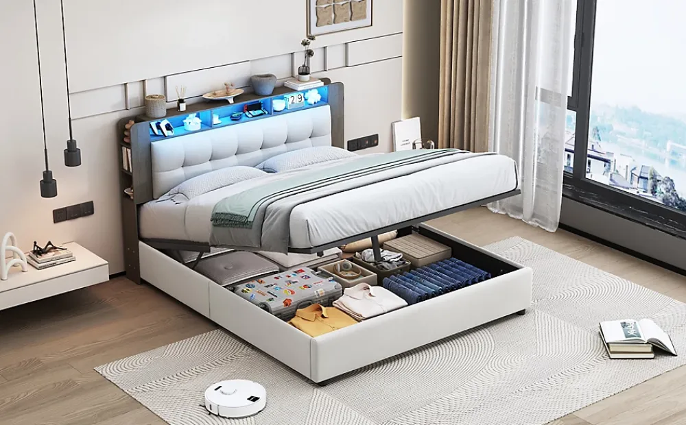 Fortuna lai Lit Flottant,140x200 CM, Cadre de Lit avec Éclairage LED, Multiprise, Tête de lit avec Rangement, velours,Blanc* Lit Coffre