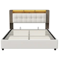 Fortuna lai Lit Flottant,140x200 CM, Cadre de Lit avec Éclairage LED, Multiprise, Tête de lit avec Rangement, velours,Blanc* Lit Coffre