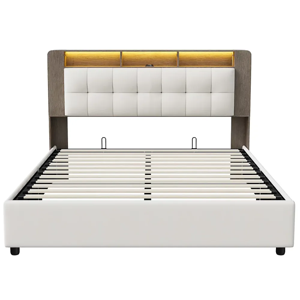 Fortuna lai Lit Flottant,140x200 CM, Cadre de Lit avec Éclairage LED, Multiprise, Tête de lit avec Rangement, velours,Blanc* Lit Coffre