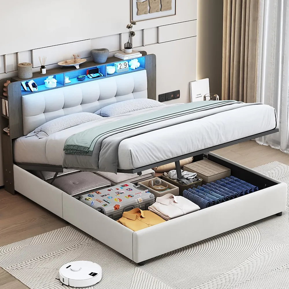 Fortuna lai Lit Flottant,140x200 CM, Cadre de Lit avec Éclairage LED, Multiprise, Tête de lit avec Rangement, velours,Blanc* Lit Coffre