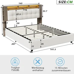Fortuna lai Lit Flottant,140x200 CM, Cadre de Lit avec Éclairage LED, Multiprise, Tête de lit avec Rangement, velours,Blanc* Lit Coffre