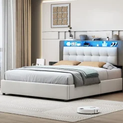 Fortuna lai Lit Flottant,140x200 CM, Cadre de Lit avec Éclairage LED, Multiprise, Tête de lit avec Rangement, velours,Blanc* Lit Coffre