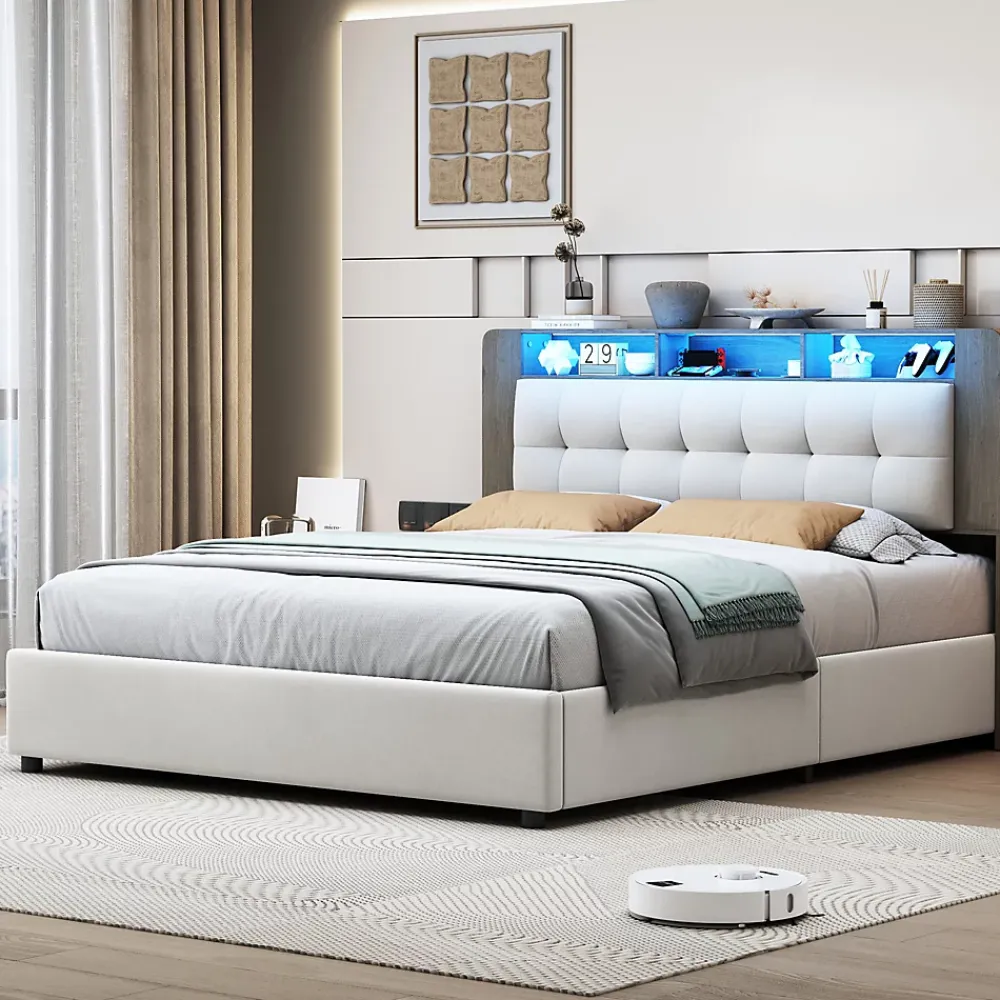 Fortuna lai Lit Flottant,140x200 CM, Cadre de Lit avec Éclairage LED, Multiprise, Tête de lit avec Rangement, velours,Blanc* Lit Coffre