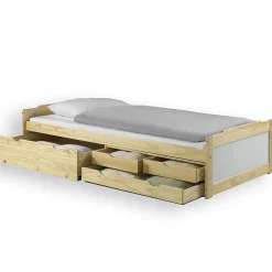 Lit fonctionnel en pin ANDREA, 90 x 200 cm, vernis naturel et lasuré blanc>Idimex
