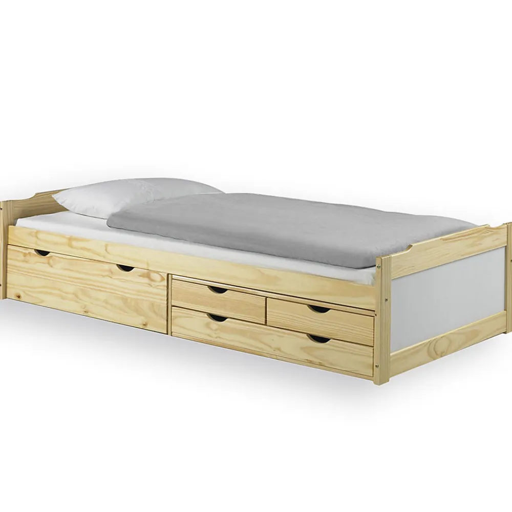 Lit fonctionnel en pin ANDREA, 90 x 200 cm, vernis naturel et lasuré blanc>Idimex