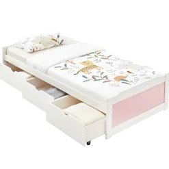 Idimex Lit fonctionnel MIA 90 x 200 cm, en pin massif lasuré blanc et rose* Lit Avec Rangement