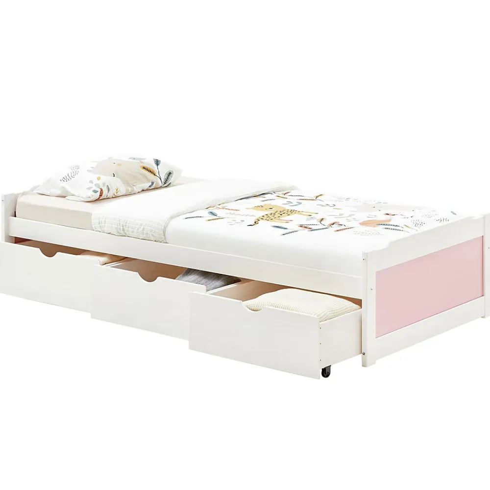 Idimex Lit fonctionnel MIA 90 x 200 cm, en pin massif lasuré blanc et rose* Lit Avec Rangement