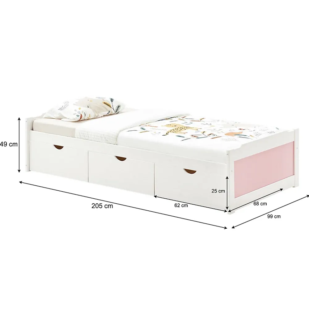 Idimex Lit fonctionnel MIA 90 x 200 cm, en pin massif lasuré blanc et rose* Lit Avec Rangement
