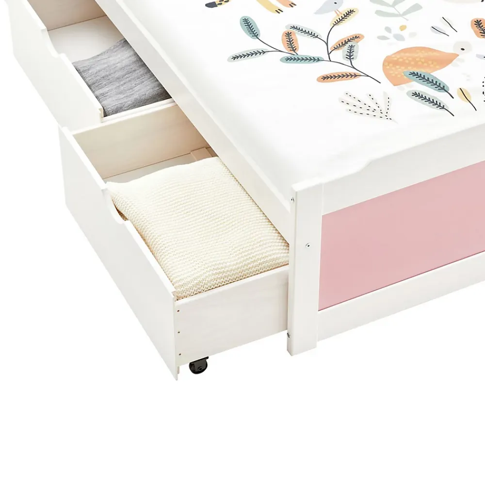 Idimex Lit fonctionnel MIA 90 x 200 cm, en pin massif lasuré blanc et rose* Lit Avec Rangement