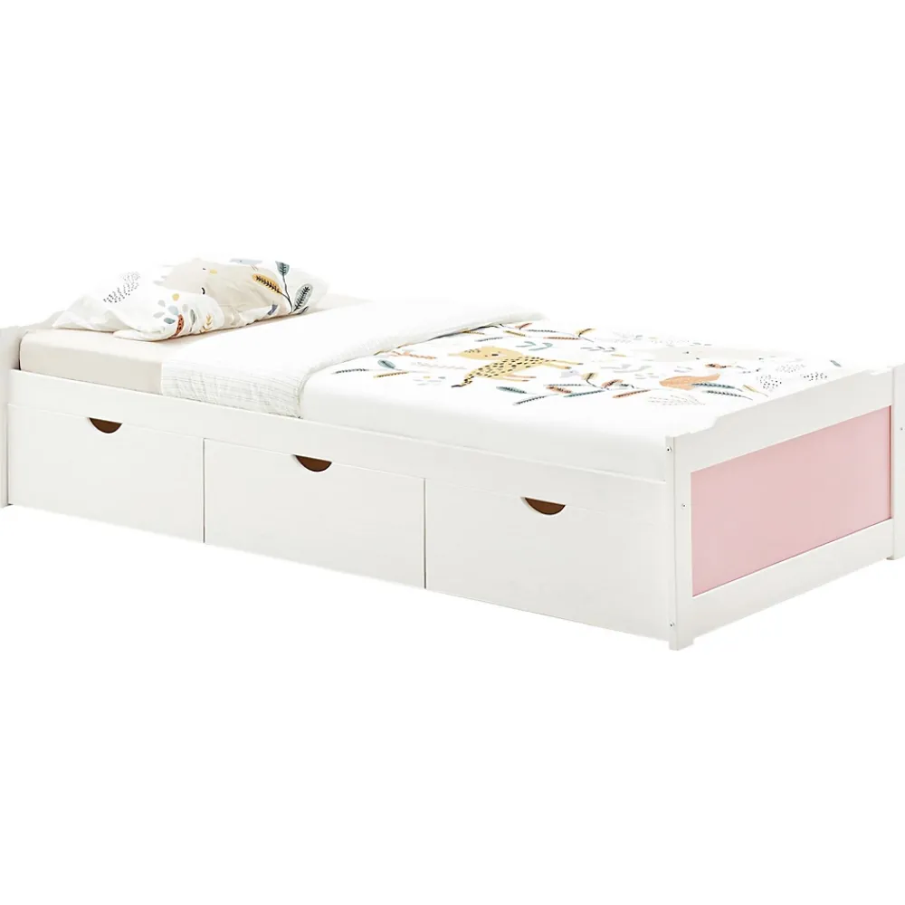 Idimex Lit fonctionnel MIA 90 x 200 cm, en pin massif lasuré blanc et rose* Lit Avec Rangement
