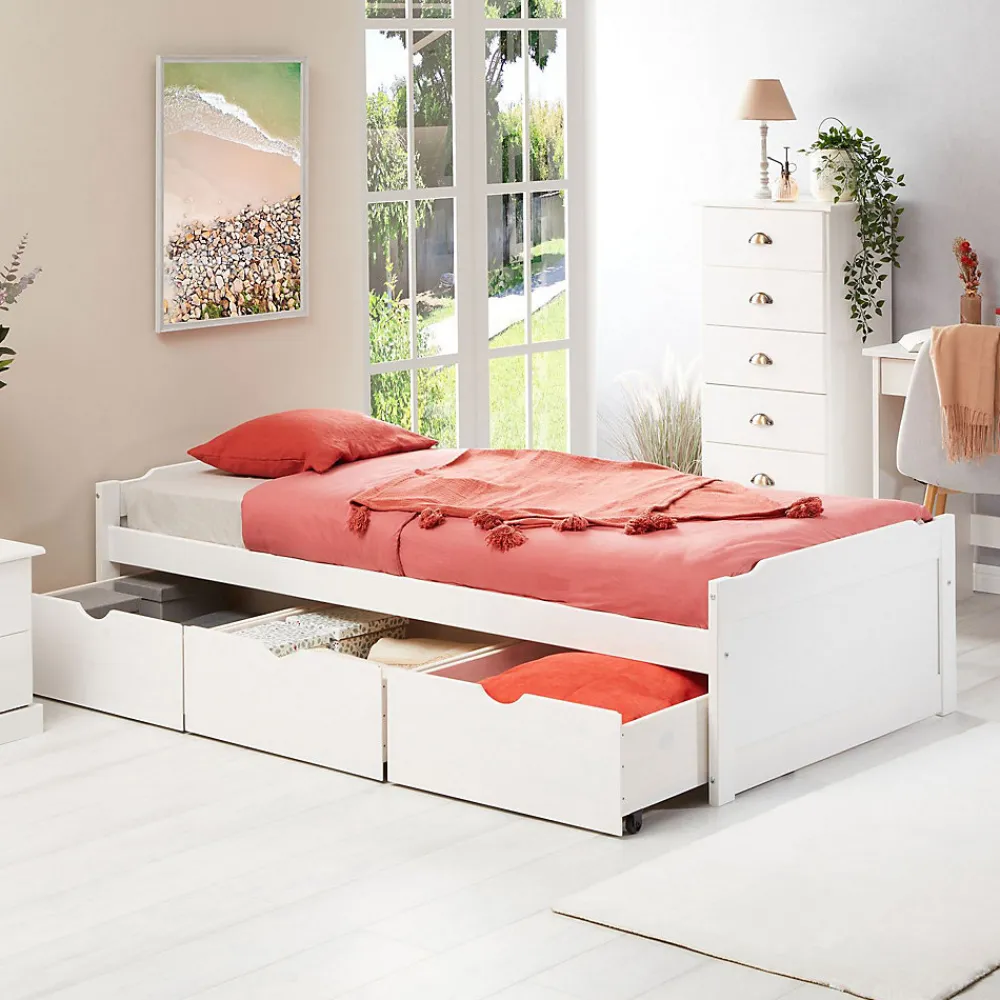 Lit fonctionnel MIA 90 x 190 cm, en pin massif lasuré blanc>Idimex Discount
