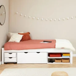 Idimex Lit fonctionnel SABRINA 90x190 cm, en pin massif lasuré blanc* Lit Avec Rangement