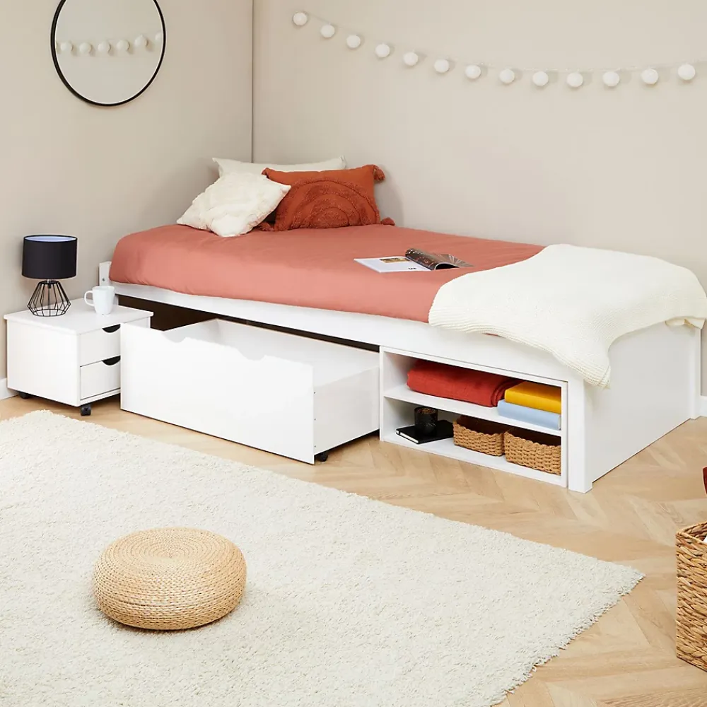 Idimex Lit fonctionnel SABRINA 90x190 cm, en pin massif lasuré blanc* Lit Avec Rangement