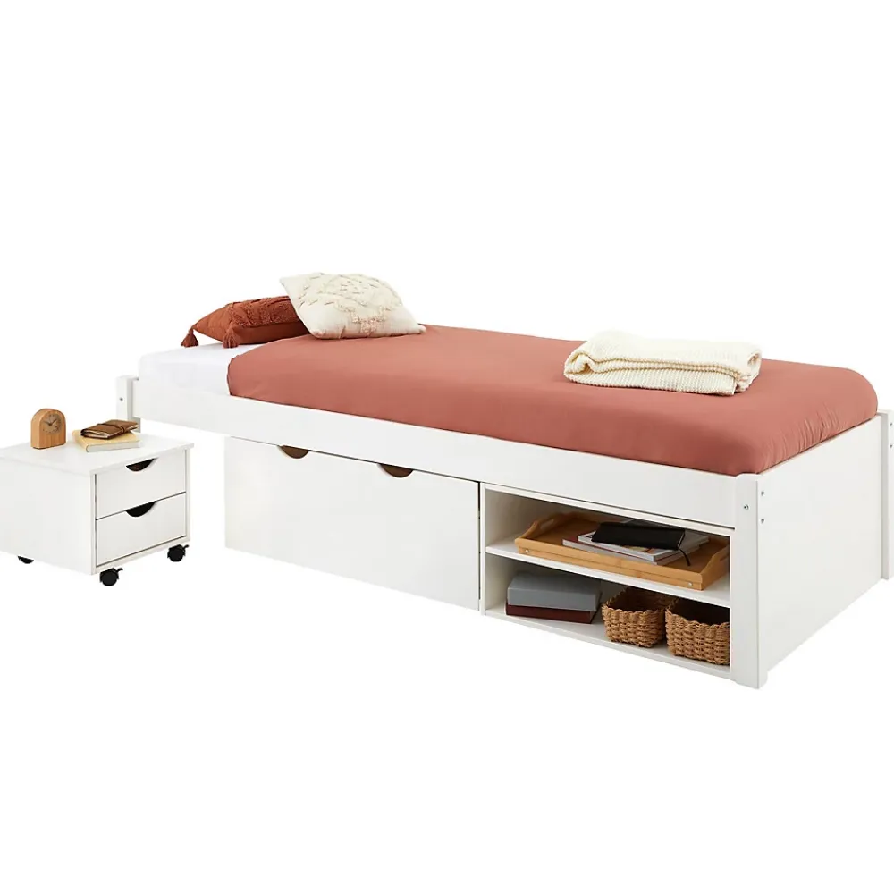 Idimex Lit fonctionnel SABRINA 90x190 cm, en pin massif lasuré blanc* Lit Avec Rangement