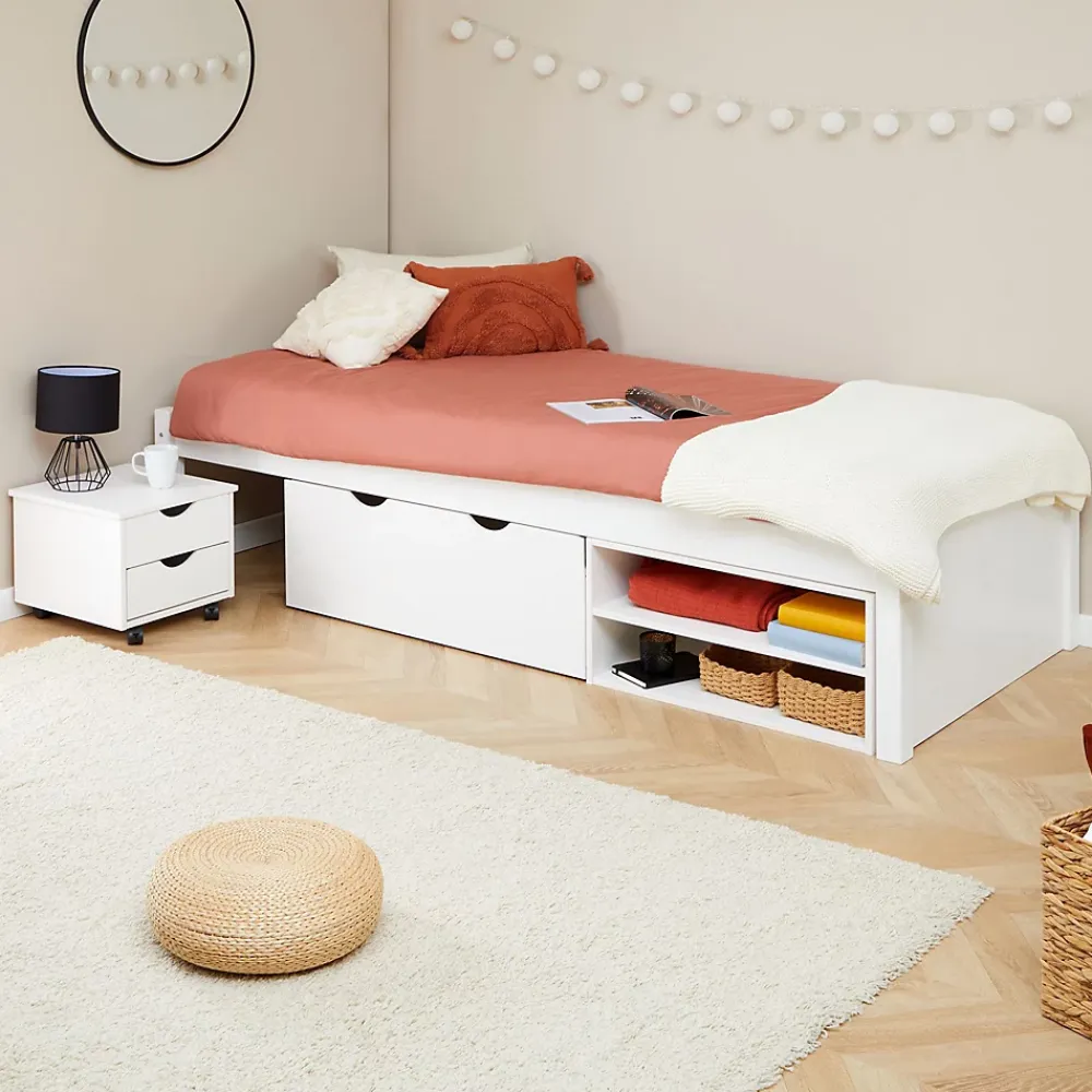 Idimex Lit fonctionnel SABRINA 90x190 cm, en pin massif lasuré blanc* Lit Avec Rangement