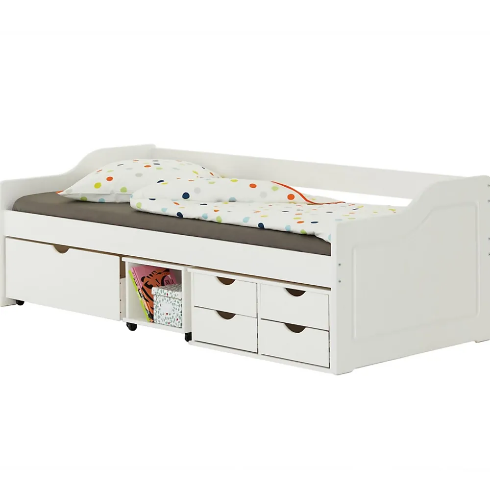 Idimex Lit fonctionnel SENTA en pin massif, 90 x 200 cm, lasuré blanc* Lit Avec Rangement
