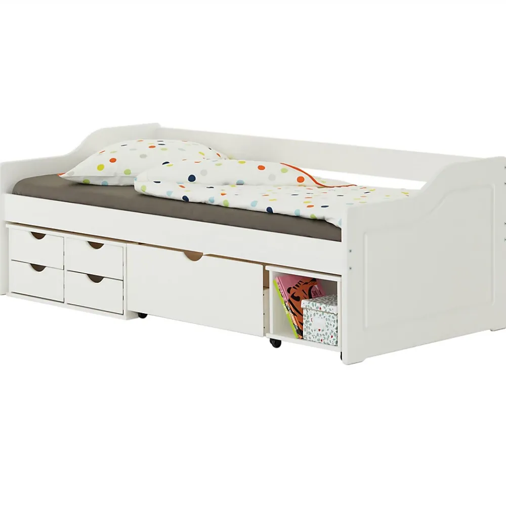 Idimex Lit fonctionnel SENTA en pin massif, 90 x 200 cm, lasuré blanc* Lit Avec Rangement