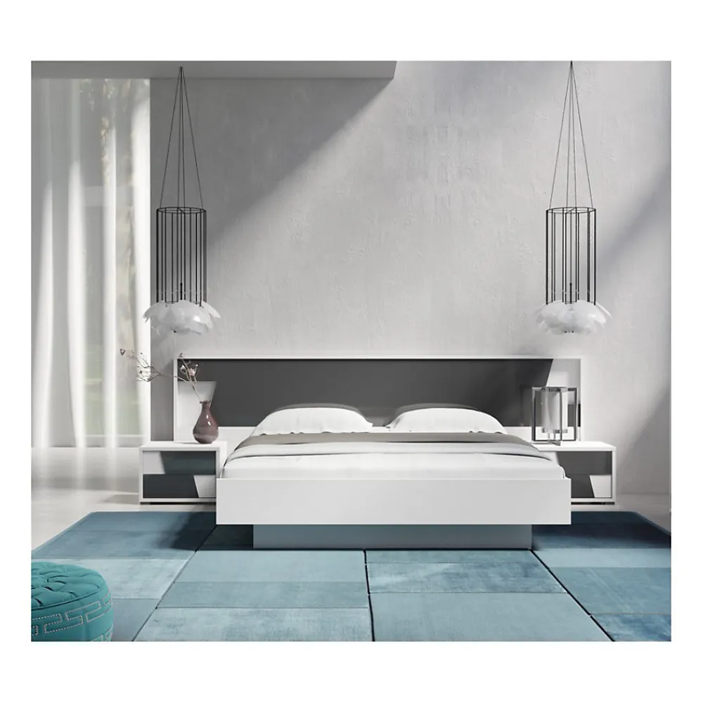Lit FULMO 160 cm avec coffre - Coloris blanc et finition gris béton - 171 x 92 x 201 cm>Meublorama Outlet