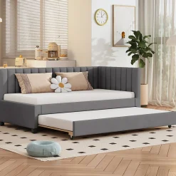 Lit Gigogne - Lit enfant et d'Appoint avec Sommier Gigogne, Fonction Rangement Intégré, Velours Gris, 90x200 cm>Okwish Sale