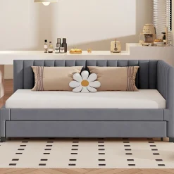 Lit Gigogne - Lit enfant et d'Appoint avec Sommier Gigogne, Fonction Rangement Intégré, Velours Gris, 90x200 cm>Okwish Sale