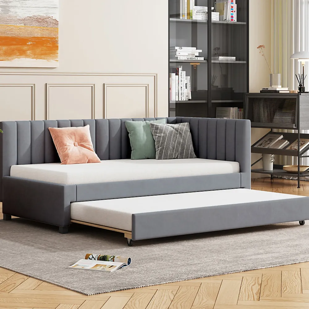 Lit Gigogne - Lit enfant et d'Appoint avec Sommier Gigogne, Fonction Rangement Intégré, Velours Gris, 90x200 cm>Okwish Sale
