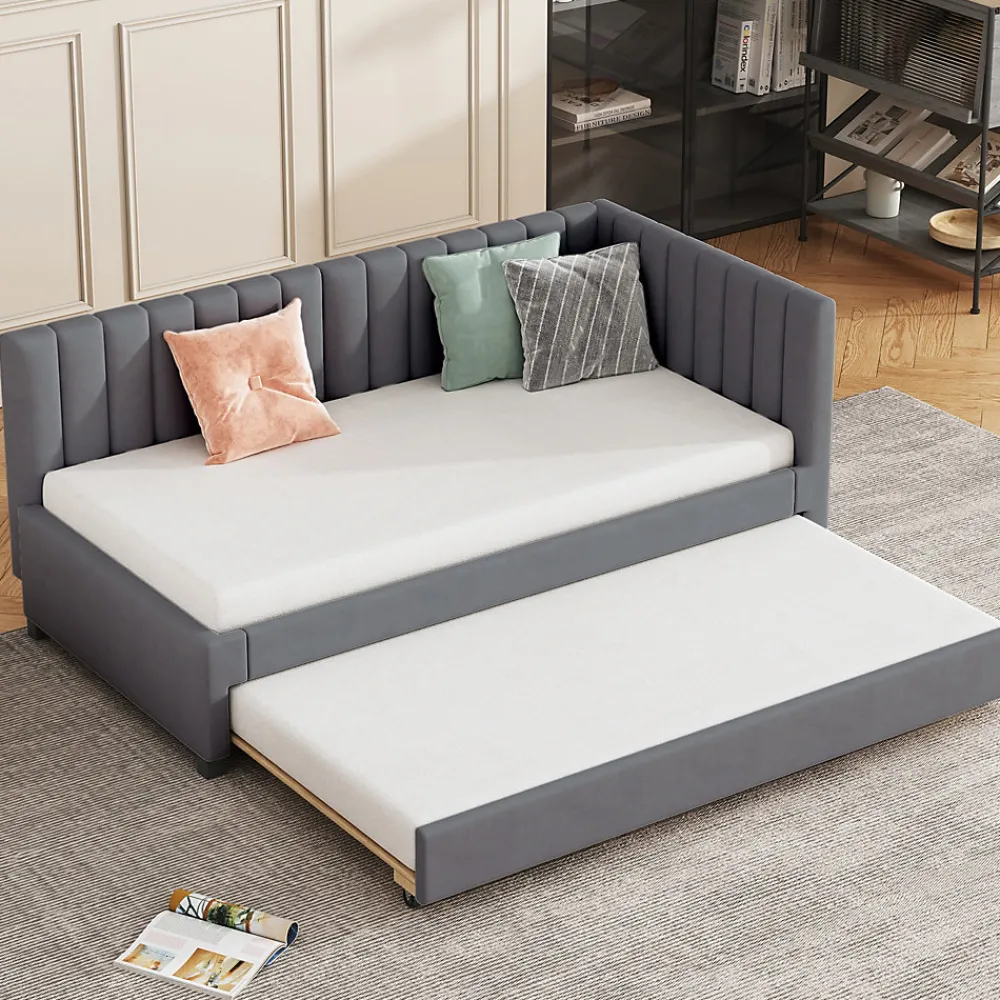 Lit Gigogne - Lit enfant et d'Appoint avec Sommier Gigogne, Fonction Rangement Intégré, Velours Gris, 90x200 cm>Okwish Sale