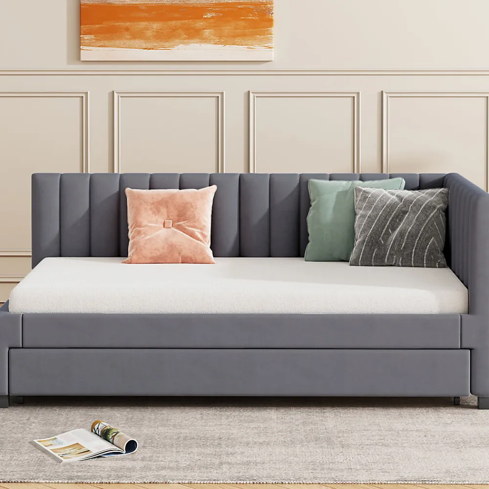 Lit Gigogne - Lit enfant et d'Appoint avec Sommier Gigogne, Fonction Rangement Intégré, Velours Gris, 90x200 cm>Okwish Sale