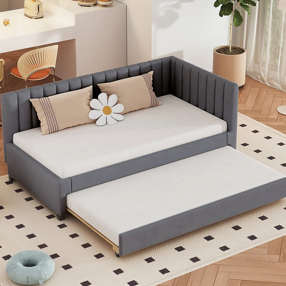 Lit Gigogne - Lit enfant et d'Appoint avec Sommier Gigogne, Fonction Rangement Intégré, Velours Gris, 90x200 cm>Okwish Sale