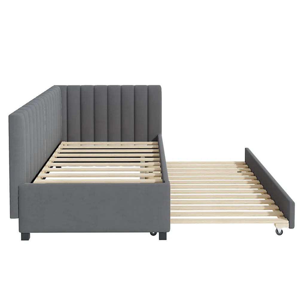 Lit Gigogne - Lit enfant et d'Appoint avec Sommier Gigogne, Fonction Rangement Intégré, Velours Gris, 90x200 cm>Okwish Sale