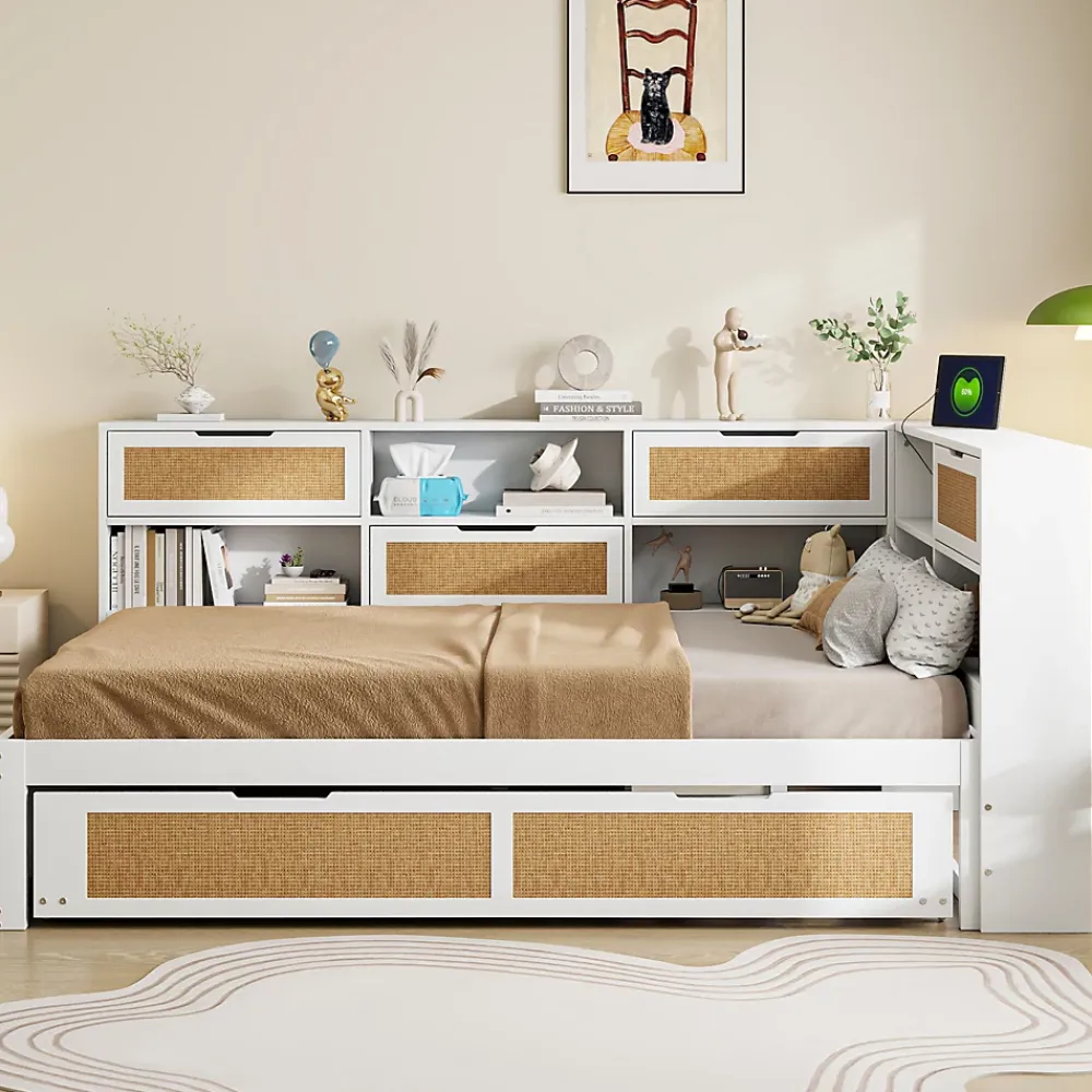 Okwish Lit Gigogne - Lit enfant 140x200 cm Bois Blanc avec Lit Simple, Tiroirs et Port USB, Grand Rangement Multifonction, Couleur Blanc* Lit Gigogne