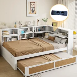 Okwish Lit Gigogne - Lit enfant 140x200 cm Bois Blanc avec Lit Simple, Tiroirs et Port USB, Grand Rangement Multifonction, Couleur Blanc* Lit Gigogne