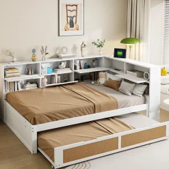Okwish Lit Gigogne - Lit enfant 140x200 cm Bois Blanc avec Lit Simple, Tiroirs et Port USB, Grand Rangement Multifonction, Couleur Blanc* Lit Gigogne