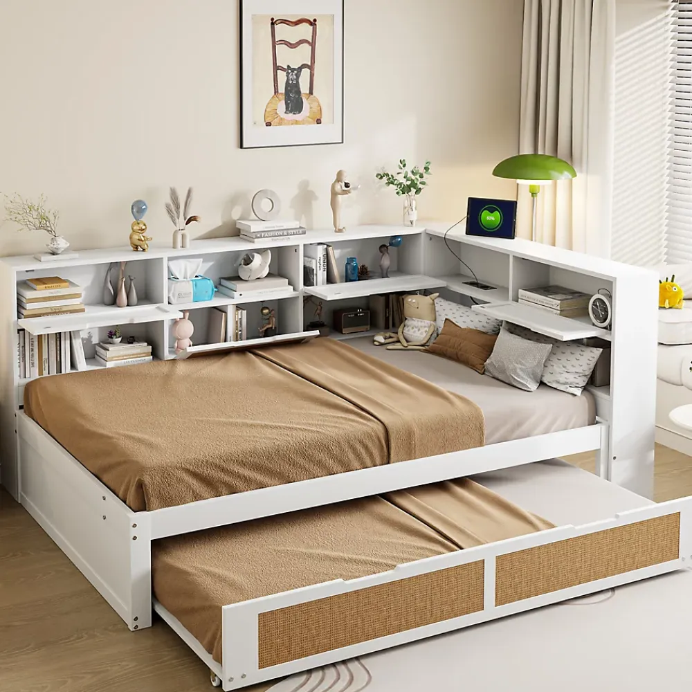 Okwish Lit Gigogne - Lit enfant 140x200 cm Bois Blanc avec Lit Simple, Tiroirs et Port USB, Grand Rangement Multifonction, Couleur Blanc* Lit Gigogne