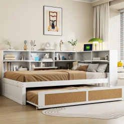 Okwish Lit Gigogne - Lit enfant 140x200 cm Bois Blanc avec Lit Simple, Tiroirs et Port USB, Grand Rangement Multifonction, Couleur Blanc* Lit Gigogne