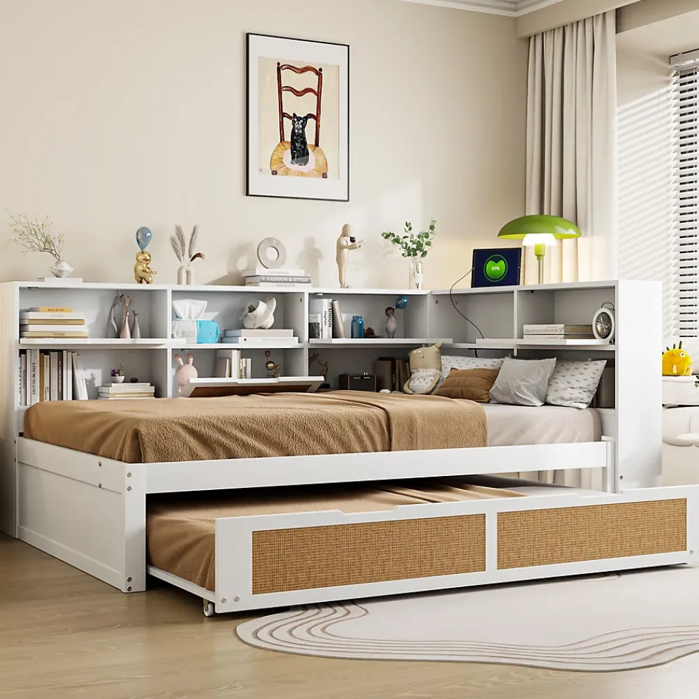 Okwish Lit Gigogne - Lit enfant 140x200 cm Bois Blanc avec Lit Simple, Tiroirs et Port USB, Grand Rangement Multifonction, Couleur Blanc* Lit Gigogne