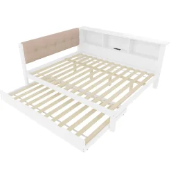 Okwish Lit Gigogne 140 x 200 cm - avec Lit Escamotable et LED Dimmable - Sans Matelas - Lin, MDF et Bois de Pin - Blanc* Lit Gigogne