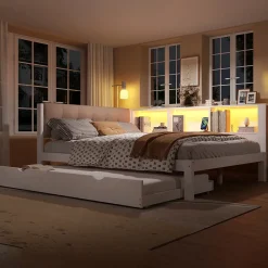 Okwish Lit Gigogne 140 x 200 cm - avec Lit Escamotable et LED Dimmable - Sans Matelas - Lin, MDF et Bois de Pin - Blanc* Lit Gigogne