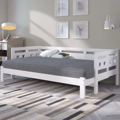 Okwish Lit gigogne 90 x 190 cm - Lit Banquette avec Motif Cœur - Pin Massif et MDF - Sans Matelas - Blanc* Lit Gigogne