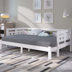 Lit gigogne 90 x 200 cm - Lit Banquette avec 2e Couchage - Pin Massif et MDF - Sans Matelas - Blanc><noscript><img width=