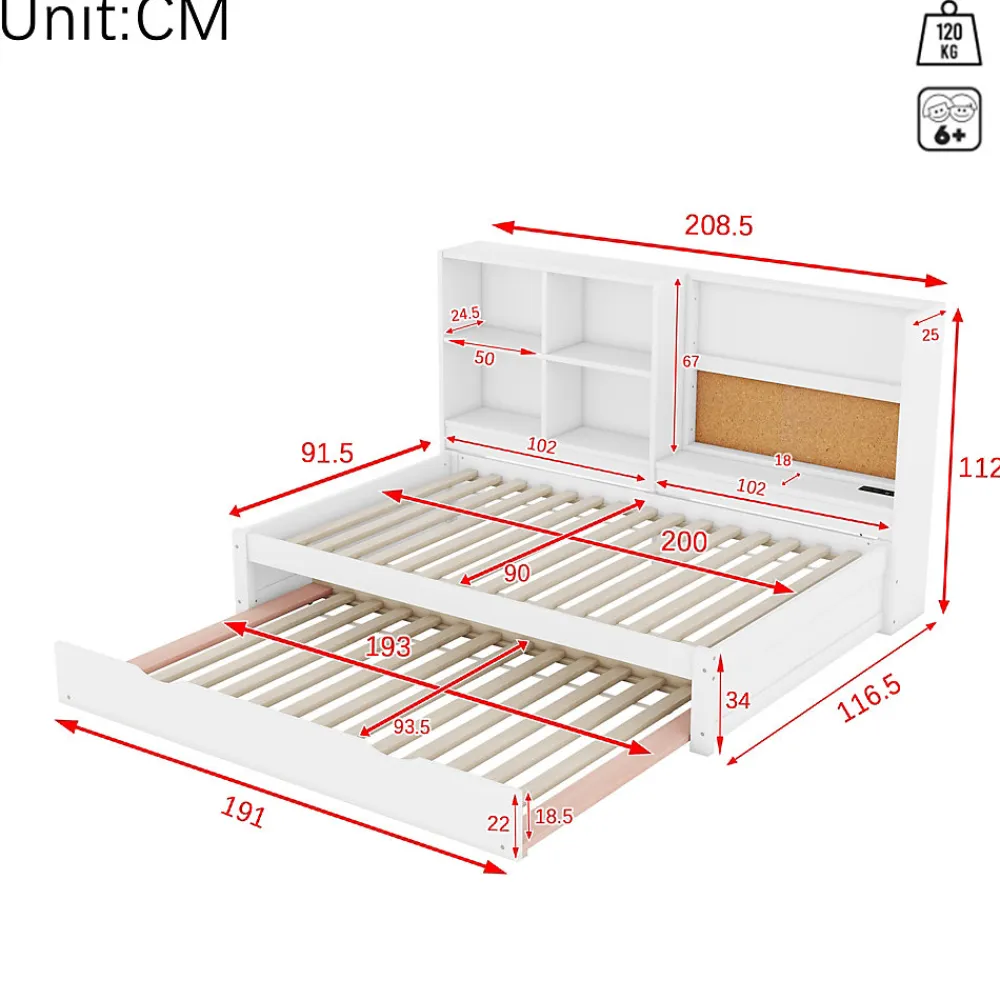 Lit Gigogne 90 x 200 cm - Lit enfant avec Port de Chargement USB et Rangement - Bois de Pin + MDF - Sans Matelas - Blanc>Okwish Clearance